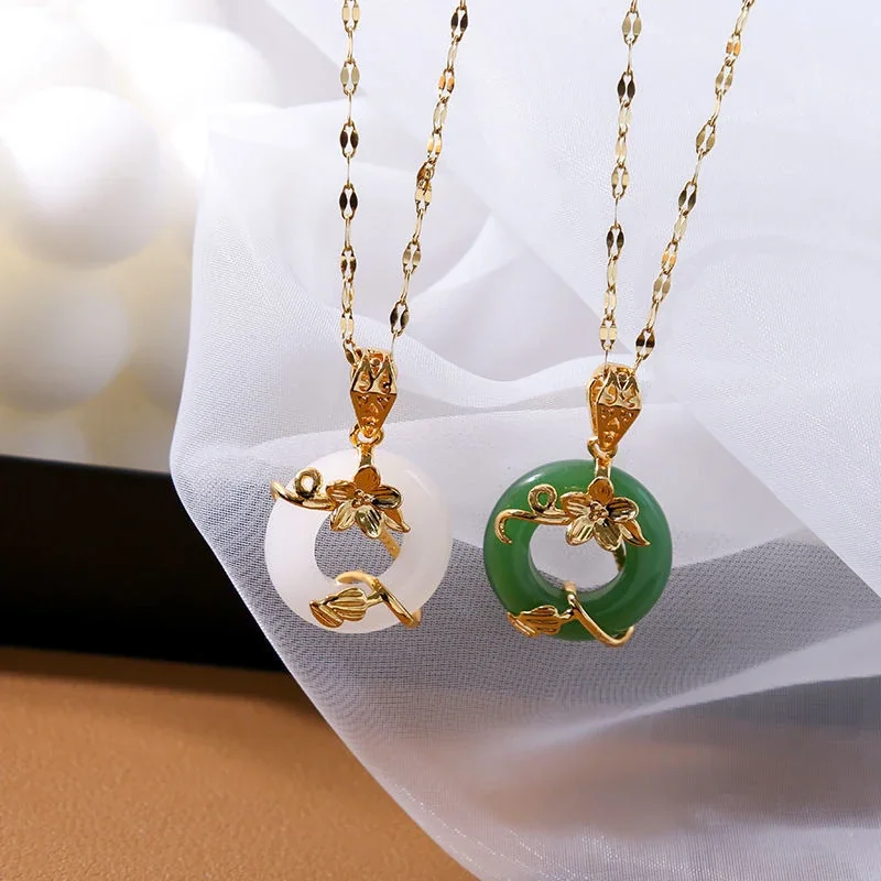Pendant Necklace with Lotus and Donut Gemstone, Stainless Steel