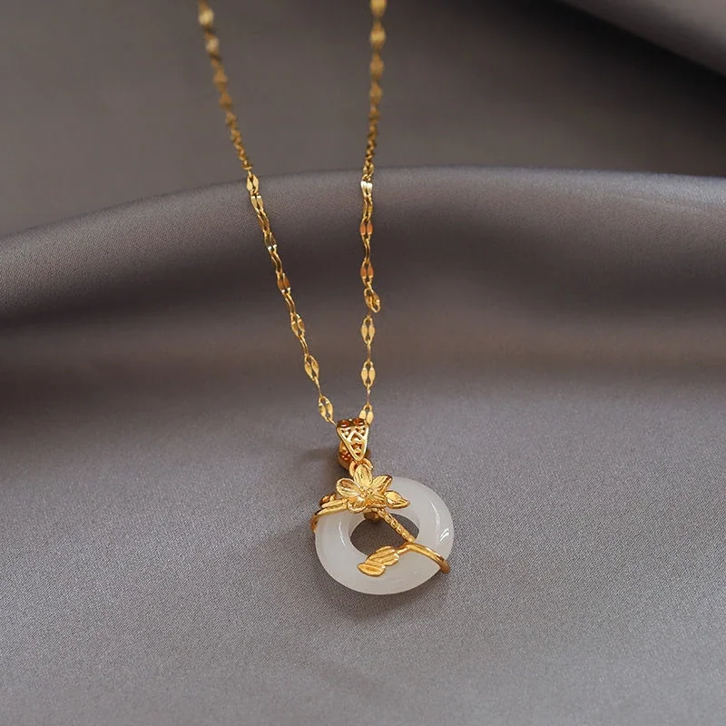 Pendant Necklace with Lotus and Donut Gemstone, Stainless Steel