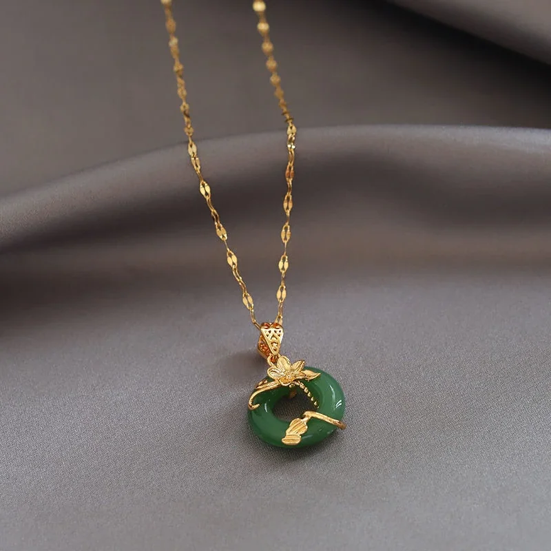 Pendant Necklace with Lotus and Donut Gemstone, Stainless Steel