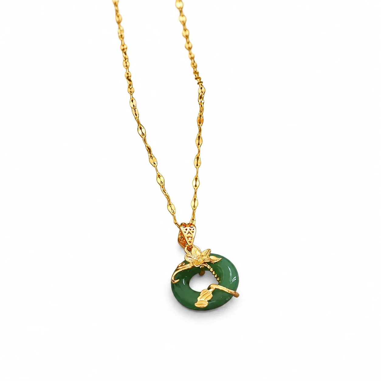 Pendant Necklace with Lotus and Donut Gemstone, Stainless Steel - Green