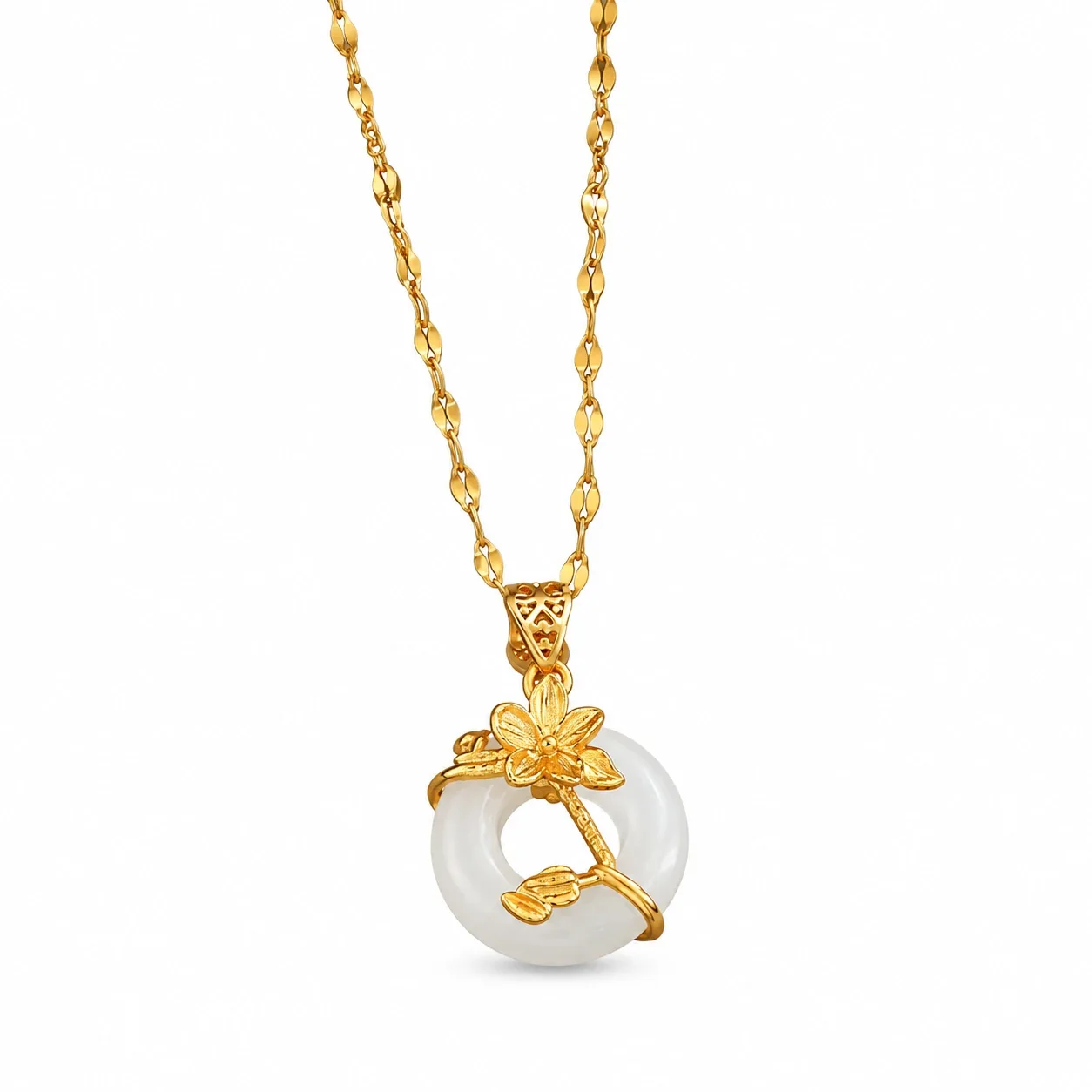 Pendant Necklace with Lotus and Donut Gemstone, Stainless Steel - White