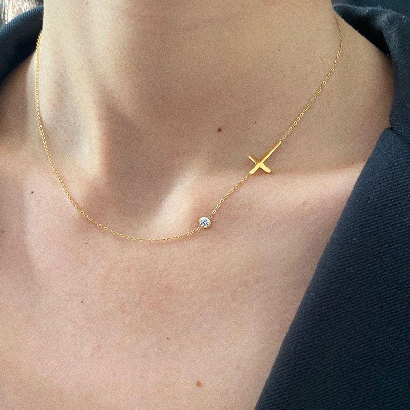 Ketting met Kruishanger en Kastgezet Kristal, 18K Verguld productfoto