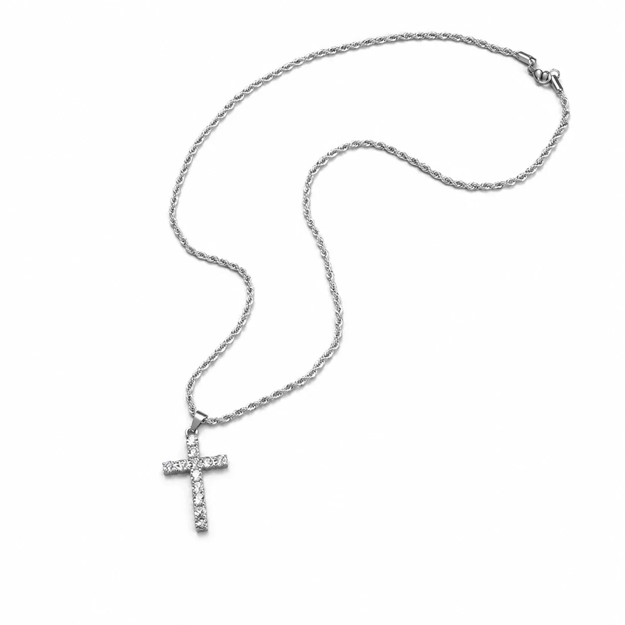 Iced Silver-Plated Rope Chain Crystal Cross Necklace