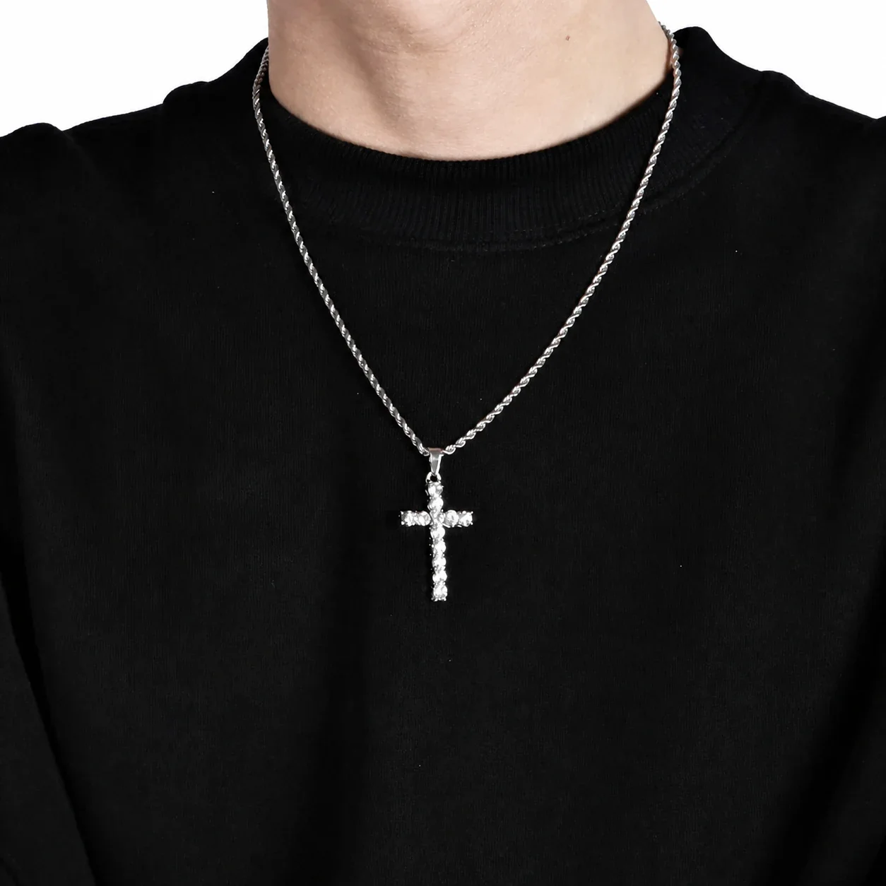 Iced Silver-Plated Rope Chain Crystal Cross Necklace