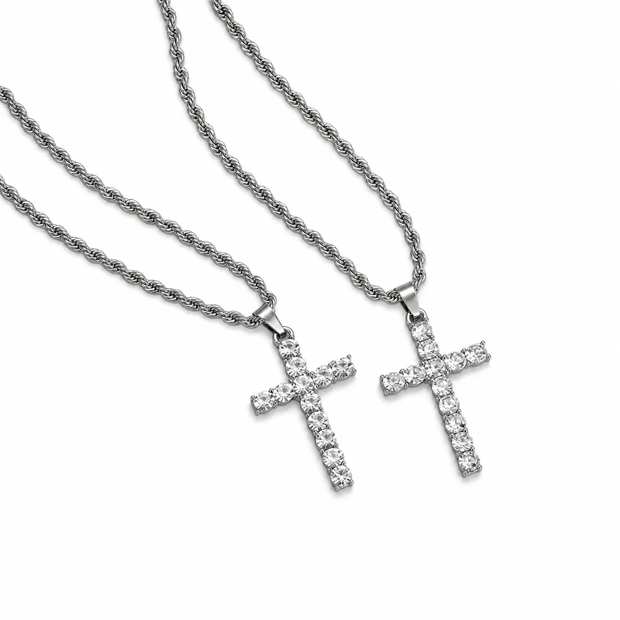 Iced Silver-Plated Rope Chain Crystal Cross Necklace