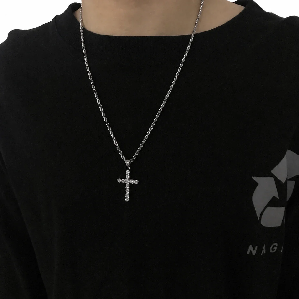Iced Silver-Plated Rope Chain Crystal Cross Necklace
