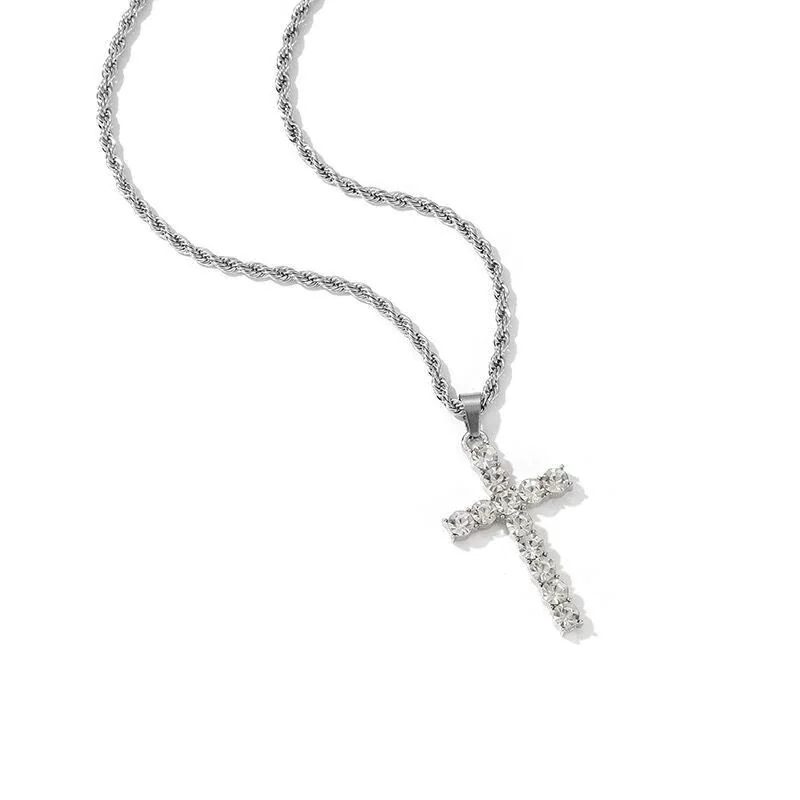 Iced Silver-Plated Rope Chain Crystal Cross Necklace