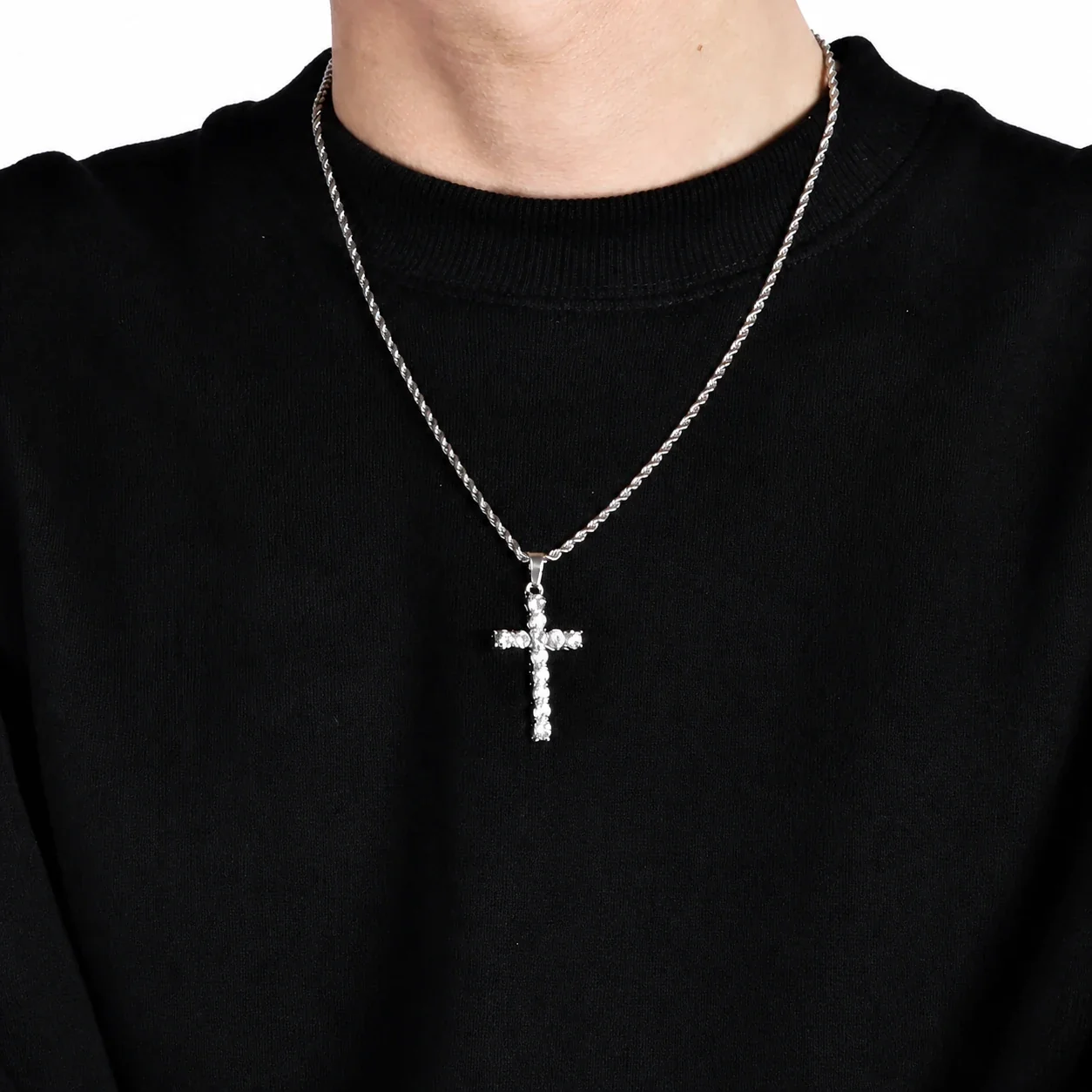 Iced Silver-Plated Rope Chain Crystal Cross Necklace - Silver cm Rope