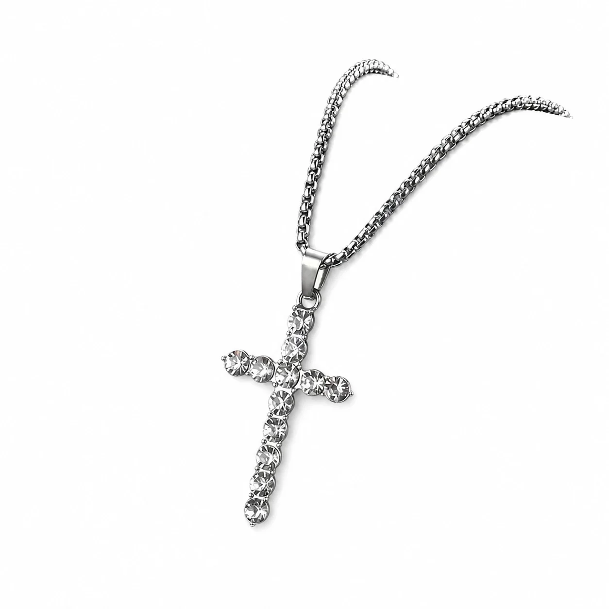 Iced Silver-Plated Rope Chain Crystal Cross Necklace - Silver cm Ball