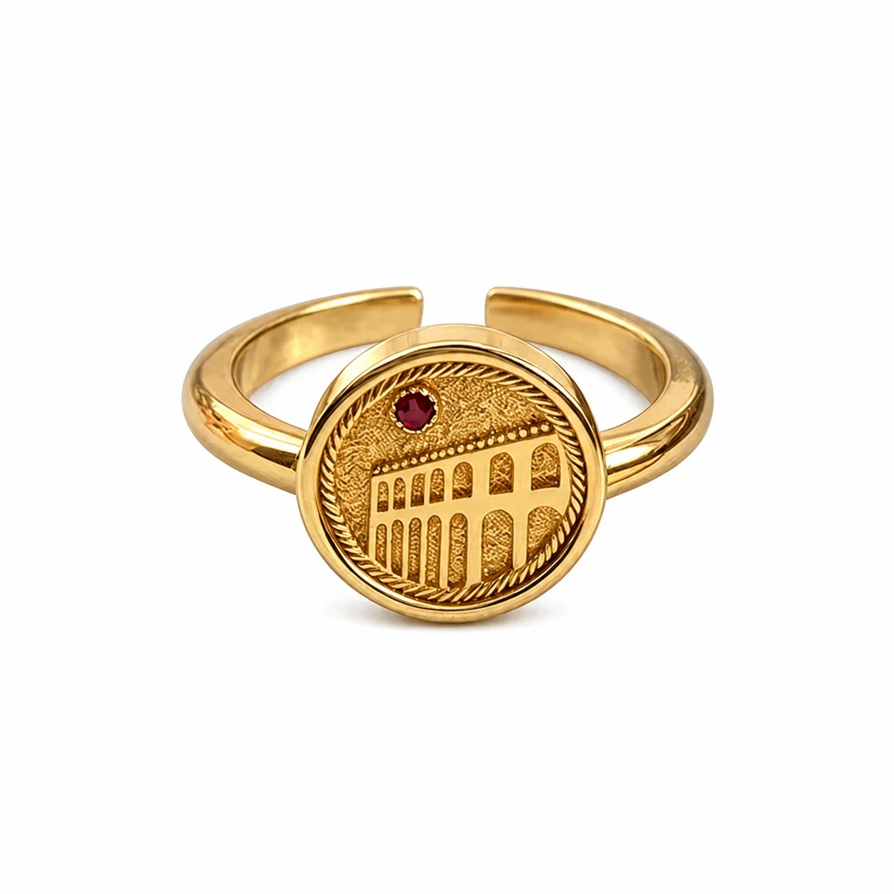 Colosseum Relief Gold-Plated 316 Stainless Steel Red CZ Ring