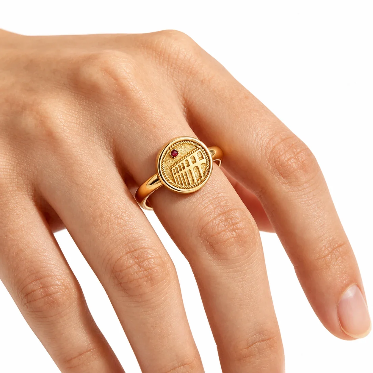 Colosseum Relief Gold-Plated 316 Stainless Steel Red CZ Ring