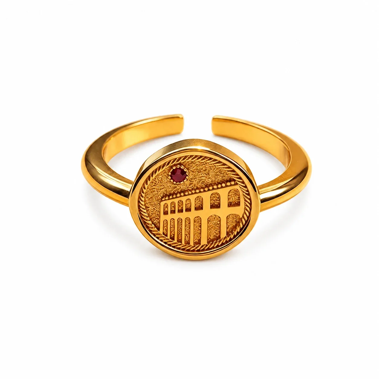 Colosseum Relief Gold-Plated 316 Stainless Steel Red CZ Ring