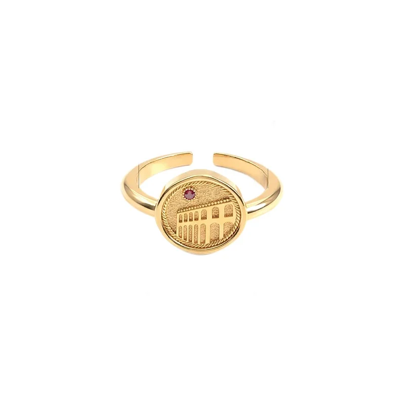 Colosseum Relief Gold-Plated 316 Stainless Steel Red CZ Ring