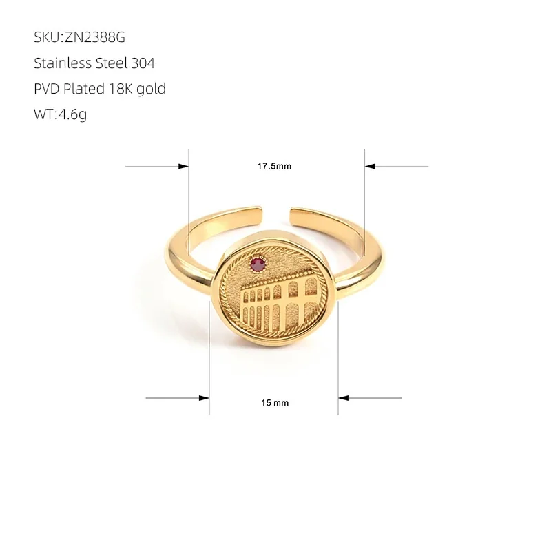 Colosseum Relief Gold-Plated 316 Stainless Steel Red CZ Ring - Gold