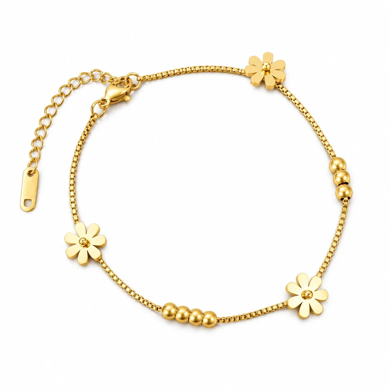 Daisy Bead Box Chain Anklet in Gold-Tone Stainless Steel