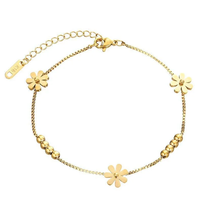 Daisy Bead Box Chain Anklet in Gold-Tone Stainless Steel