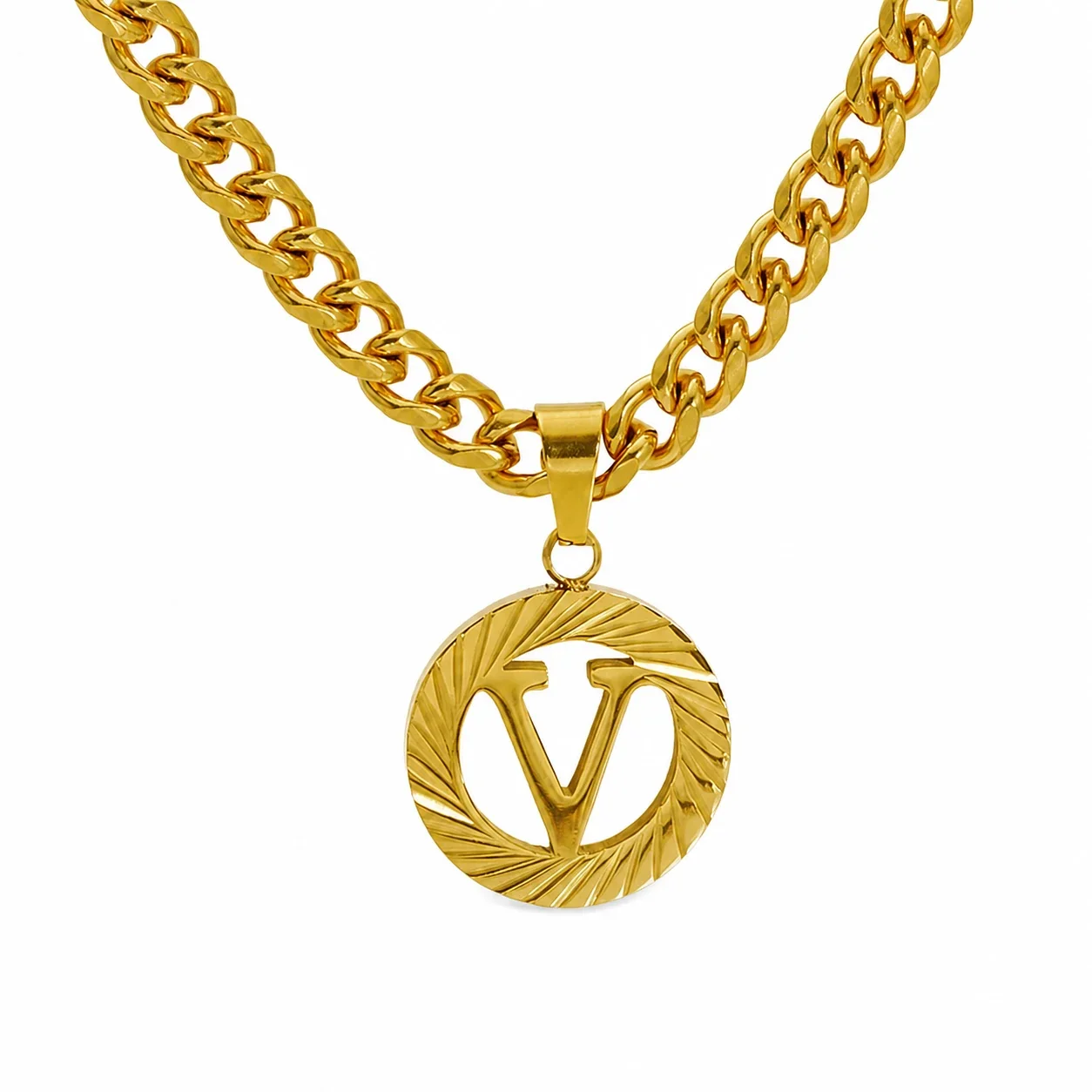 Engraved Gold-Plated Curb Chain Initial Pendant Necklace - Gold V