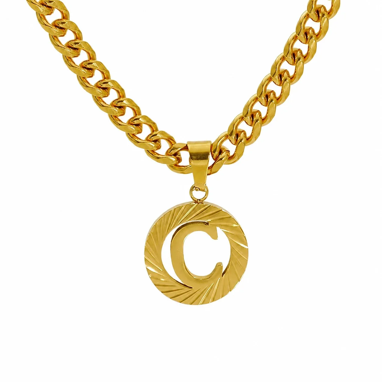 Engraved Gold-Plated Curb Chain Initial Pendant Necklace - Gold C