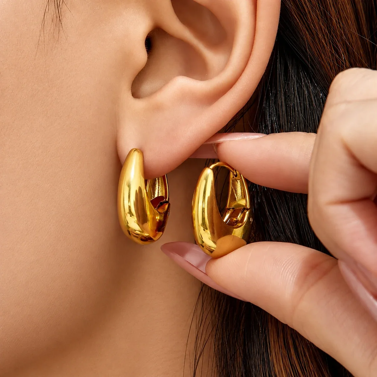 U-Shaped Dome Hoop Earrings Stainless Steel Gold PVD