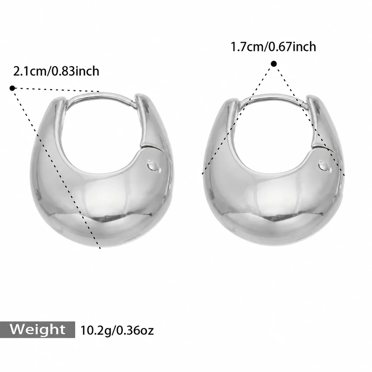 U-Shaped Dome Hoop Earrings Stainless Steel Gold PVD - Silver - Large