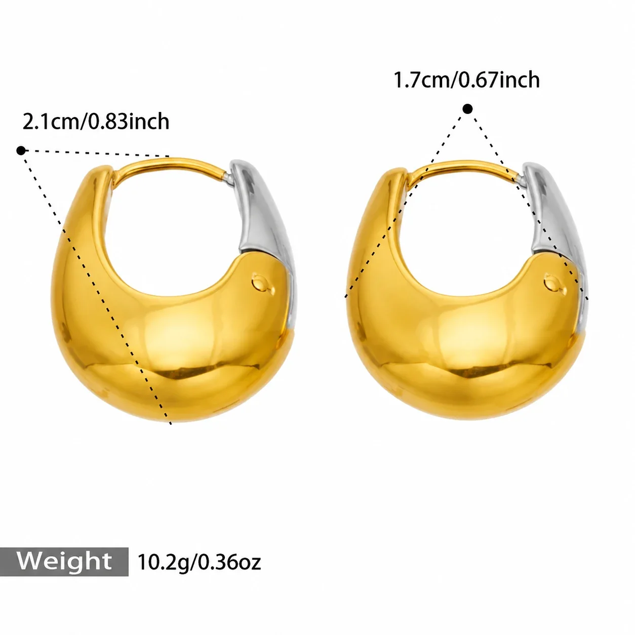 U-Shaped Dome Hoop Earrings Stainless Steel Gold PVD - Two-Tone - Large