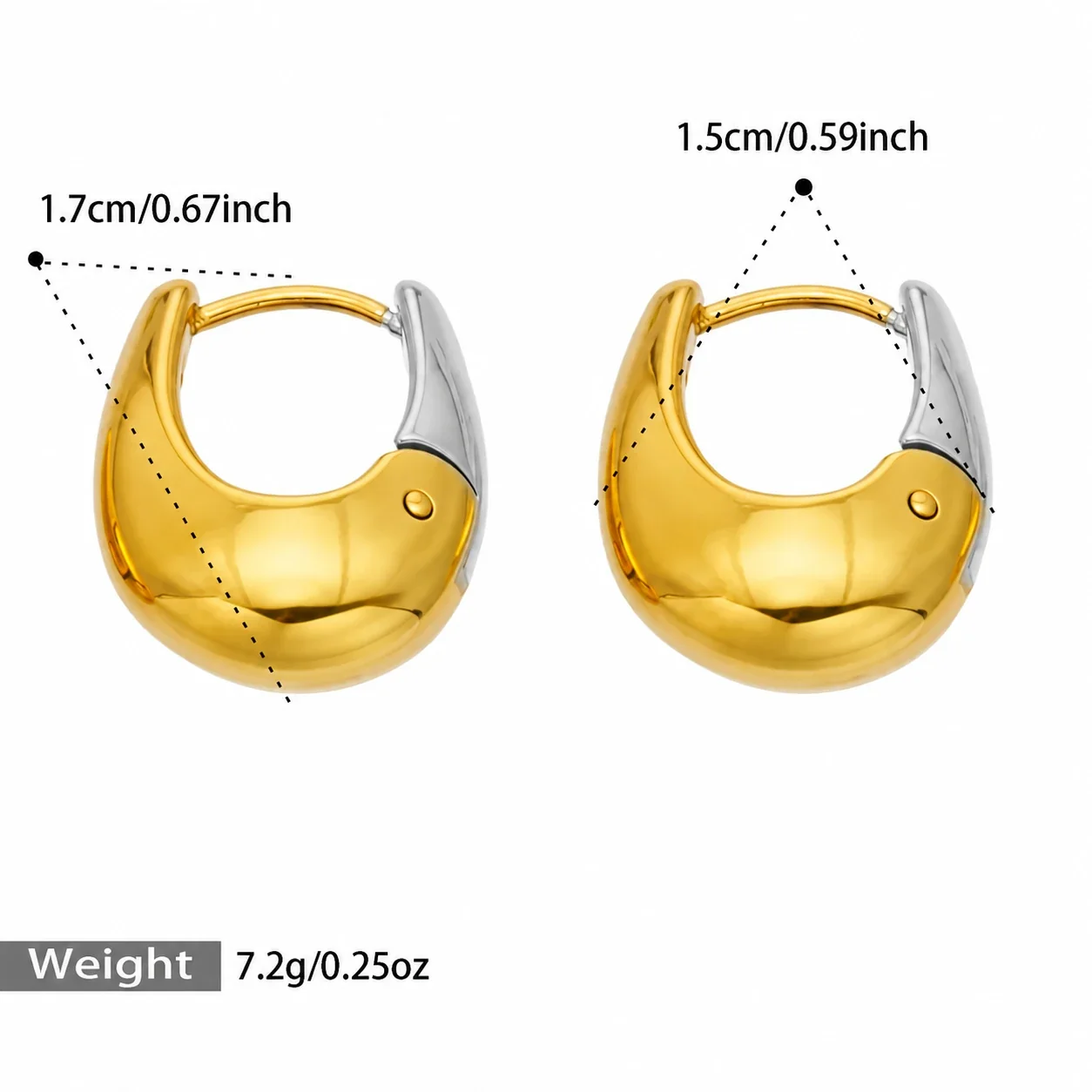 U-Shaped Dome Hoop Earrings Stainless Steel Gold PVD - Two-Tone - Medium
