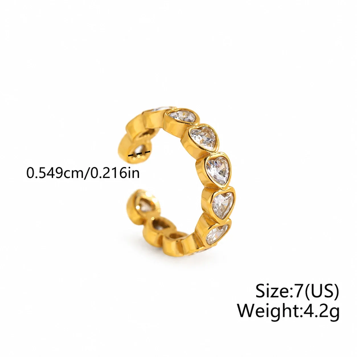 Ring met open hart-kristallen in kastzetting, verguld staal productfoto