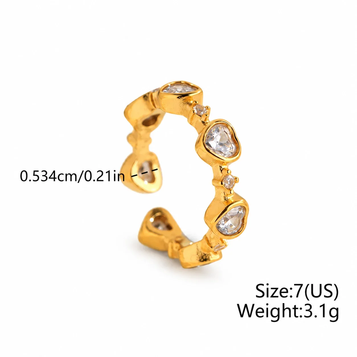 Ring met open hart-kristallen in kastzetting, verguld staal productfoto