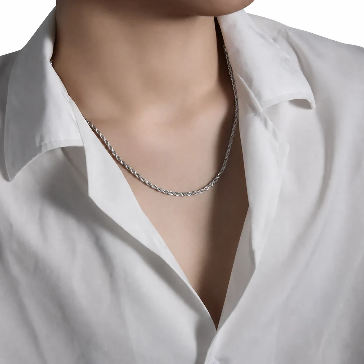 Polished Stainless Steel Rope Link Chain Necklace