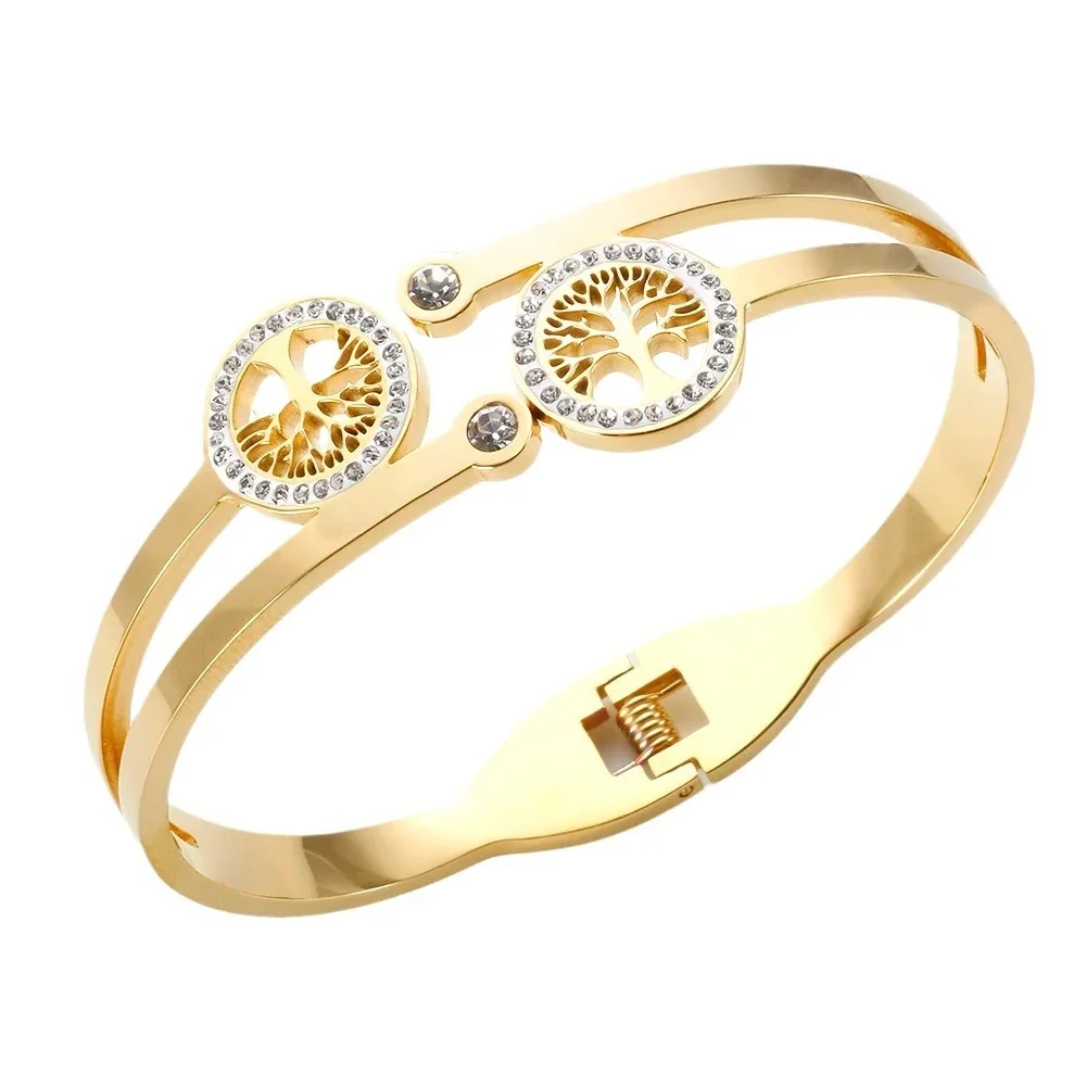 Cuff Bracelet: Twin Tree-of-Life Crystal Medallions, Stainless Steel
