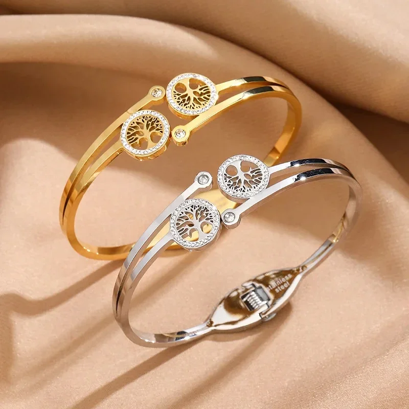 Cuff Bracelet: Twin Tree-of-Life Crystal Medallions, Stainless Steel