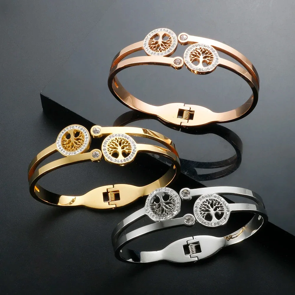 Cuff Bracelet: Twin Tree-of-Life Crystal Medallions, Stainless Steel