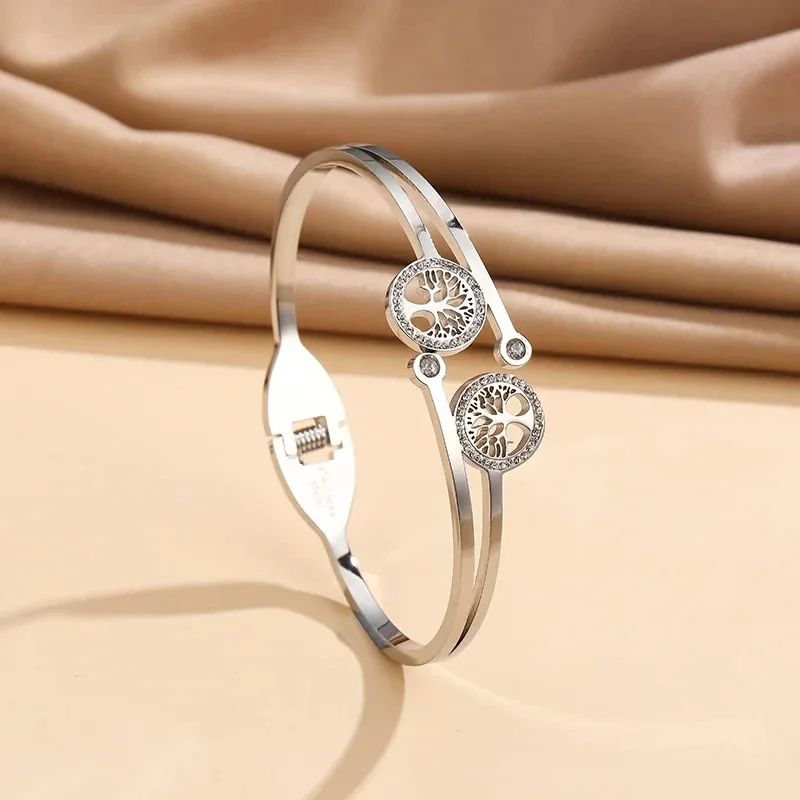 Cuff Bracelet: Twin Tree-of-Life Crystal Medallions, Stainless Steel
