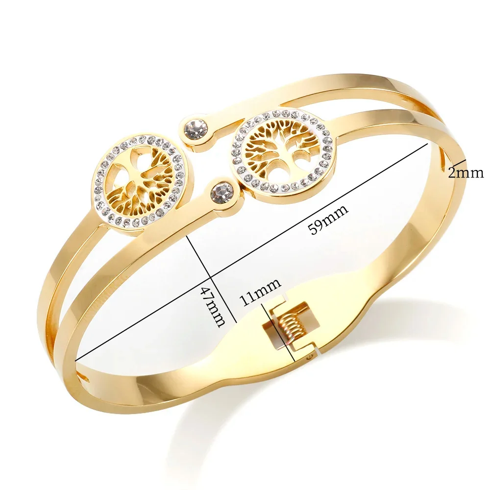 Cuff Bracelet: Twin Tree-of-Life Crystal Medallions, Stainless Steel - Dimensions