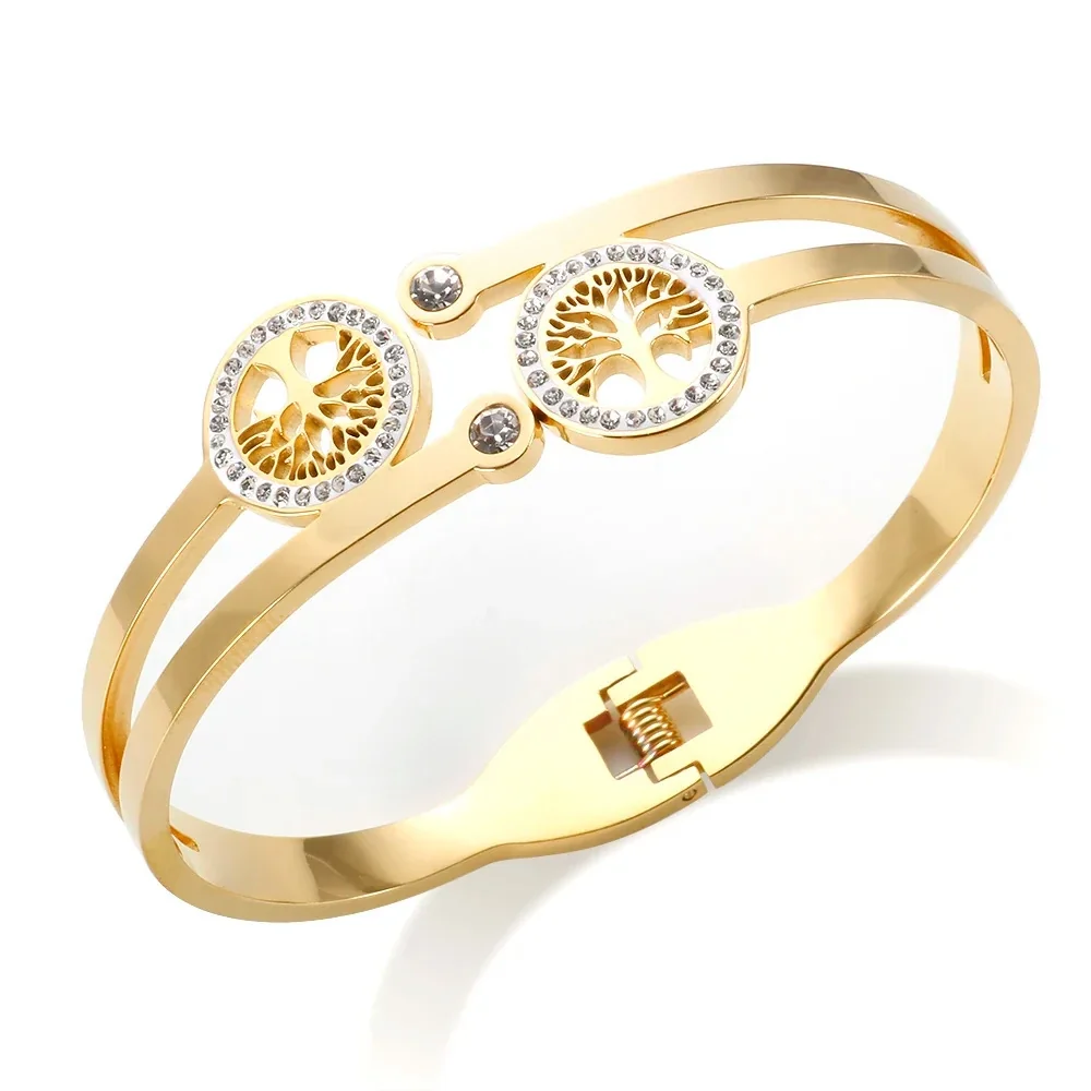 Cuff Bracelet: Twin Tree-of-Life Crystal Medallions, Stainless Steel - Gold