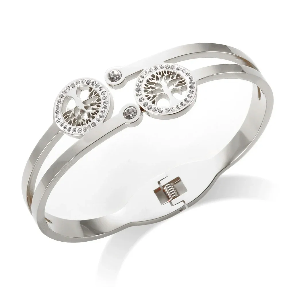 Cuff Bracelet: Twin Tree-of-Life Crystal Medallions, Stainless Steel - Silver