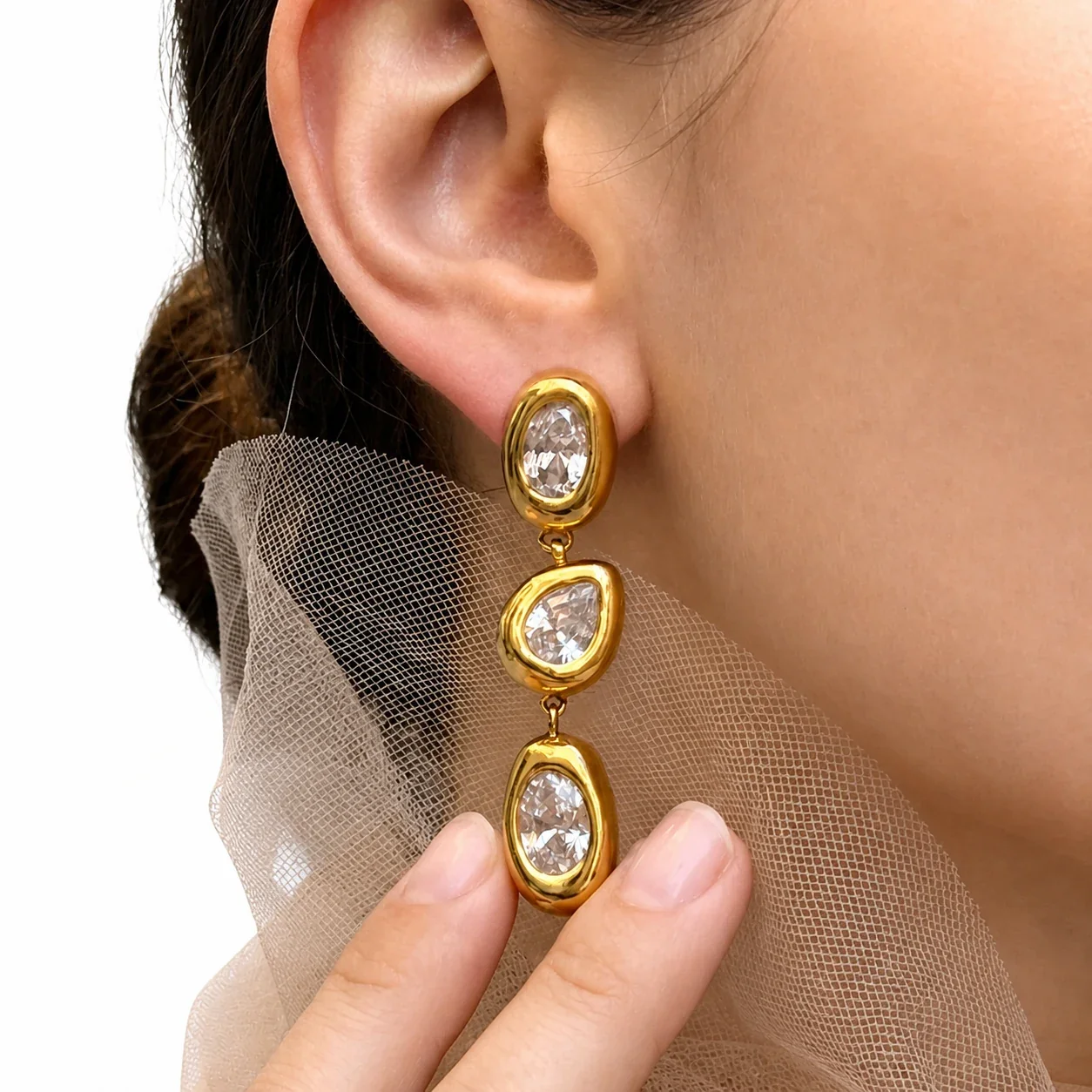 Sculptural 18K Gold-Plated Oval Teardrop CZ Drop Earrings