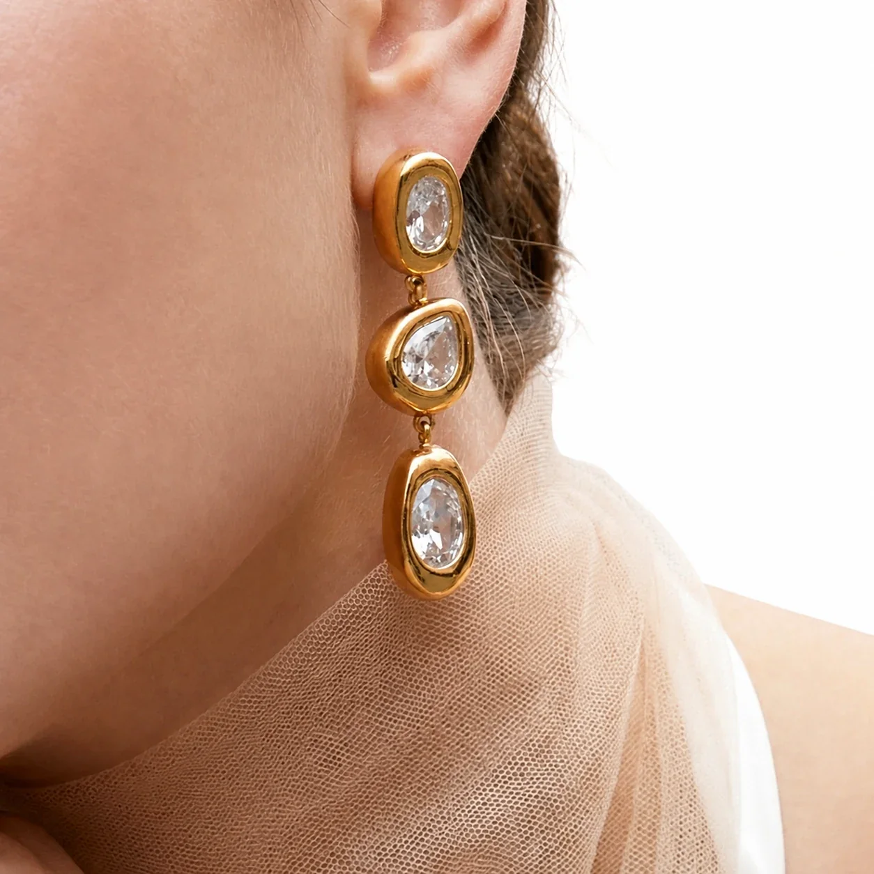 Sculptural 18K Gold-Plated Oval Teardrop CZ Drop Earrings