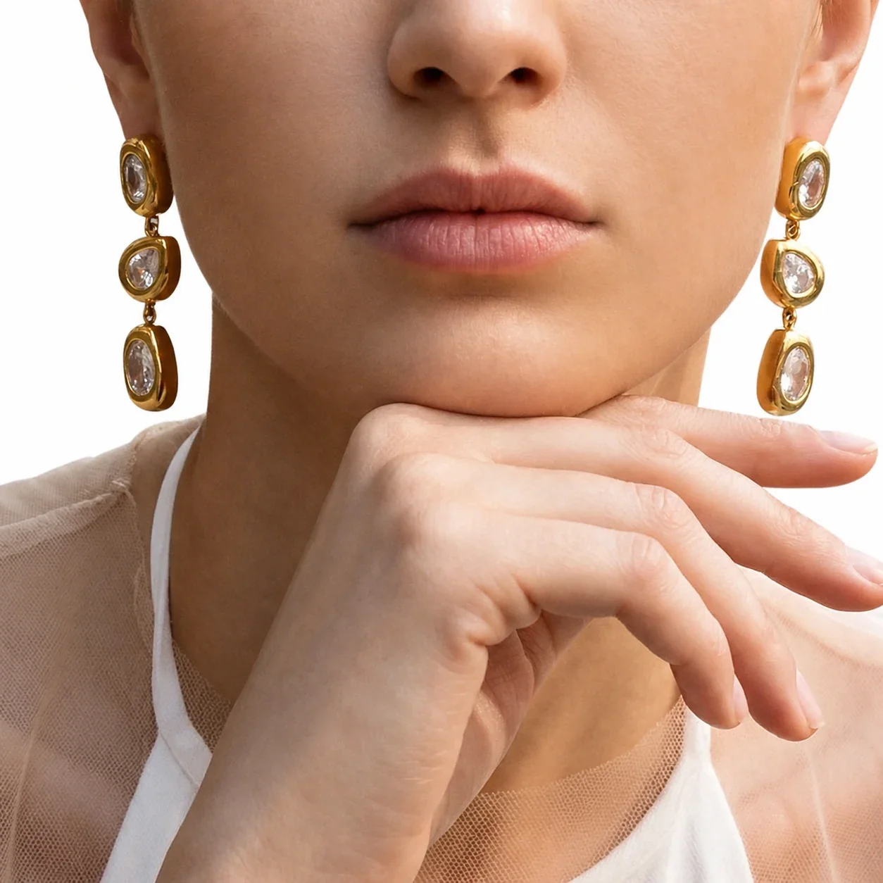 Sculptural 18K Gold-Plated Oval Teardrop CZ Drop Earrings