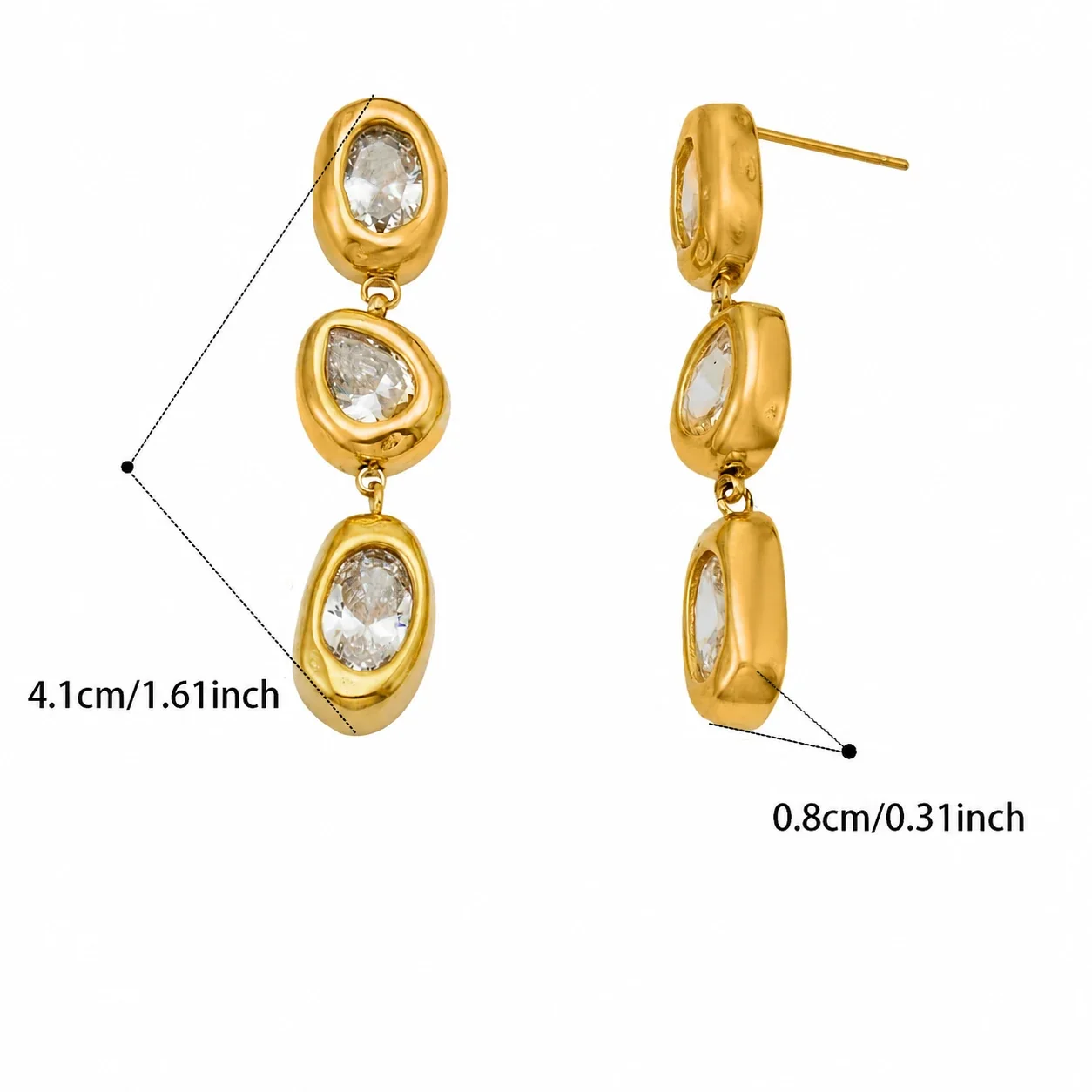 Sculptural 18K Gold-Plated Oval Teardrop CZ Drop Earrings - Gold