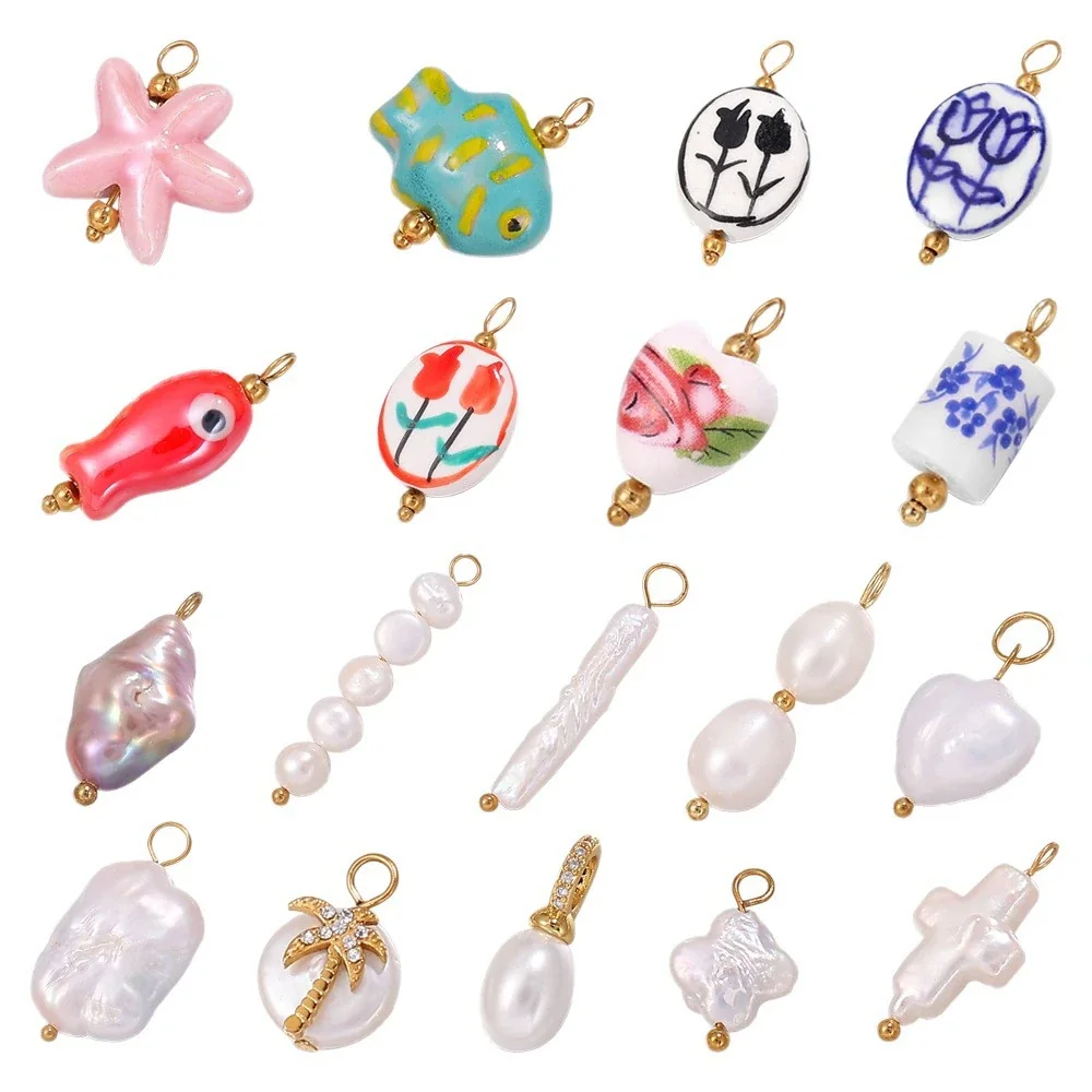 Pendant Charms, Ceramic Sea Motifs & 18K Gold-Plated Stainless Steel