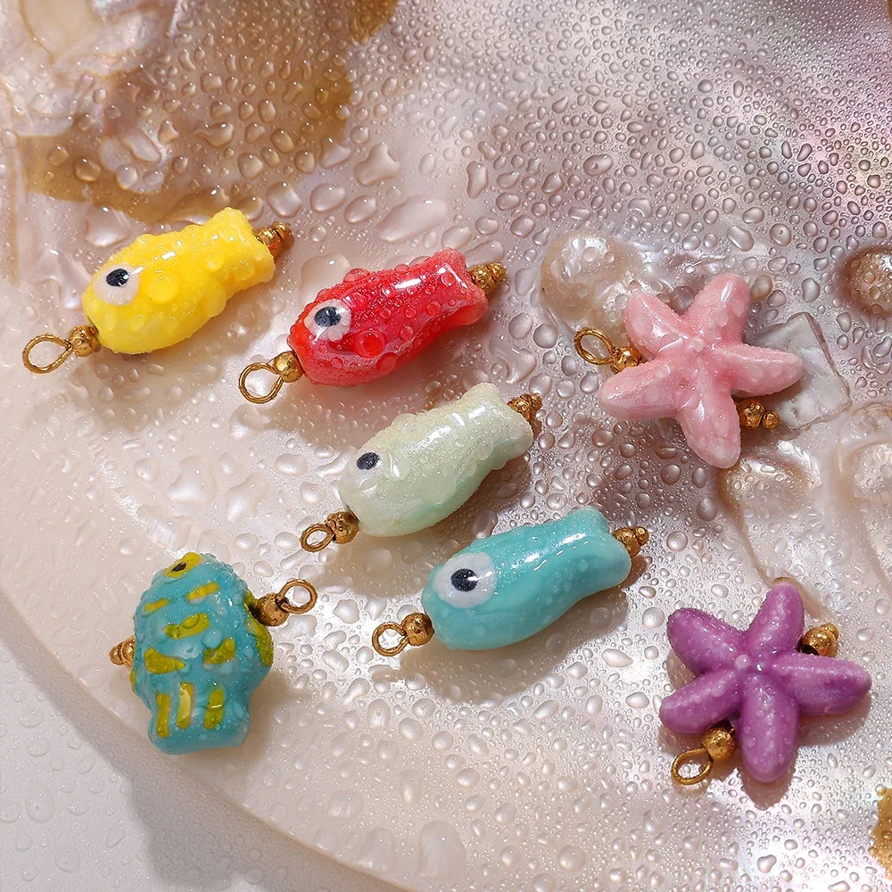 Foto do produto: Pendant Charms, Ceramic Sea Motifs & 18K Gold-Plated Stainless Steel