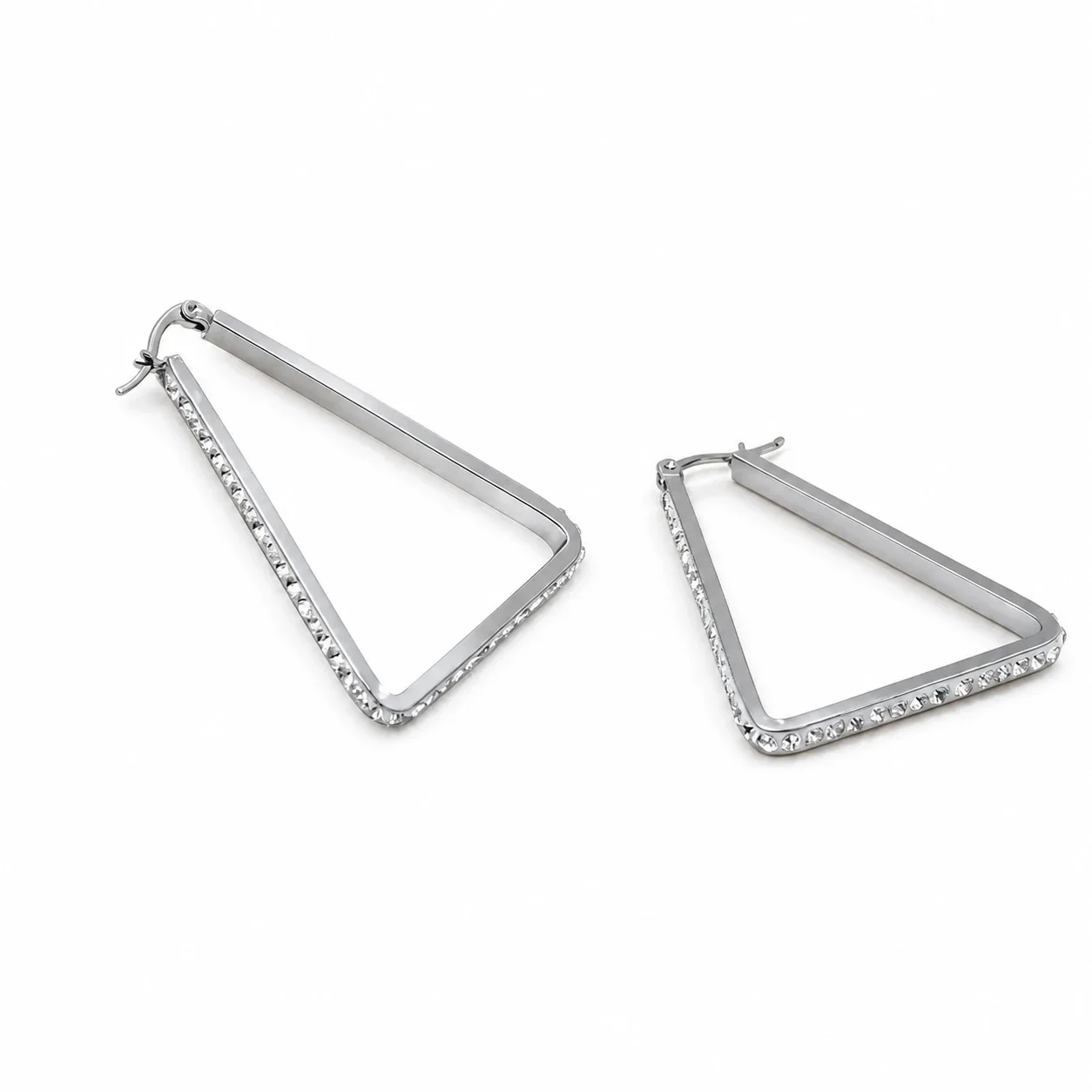 Sculptural 316 Stainless Steel Pavé Triangle Hoop Earrings - Silver