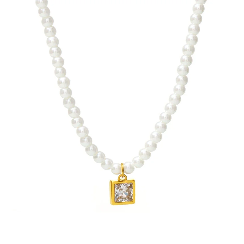 Shell Pearl Necklace with Geometric CZ Pendants, Stainless Steel