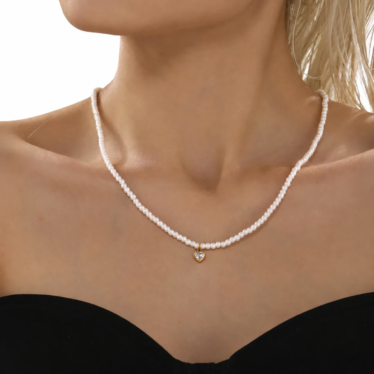 Shell Pearl Necklace with Geometric CZ Pendants, Stainless Steel