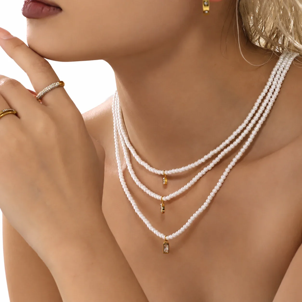 Shell Pearl Necklace with Geometric CZ Pendants, Stainless Steel