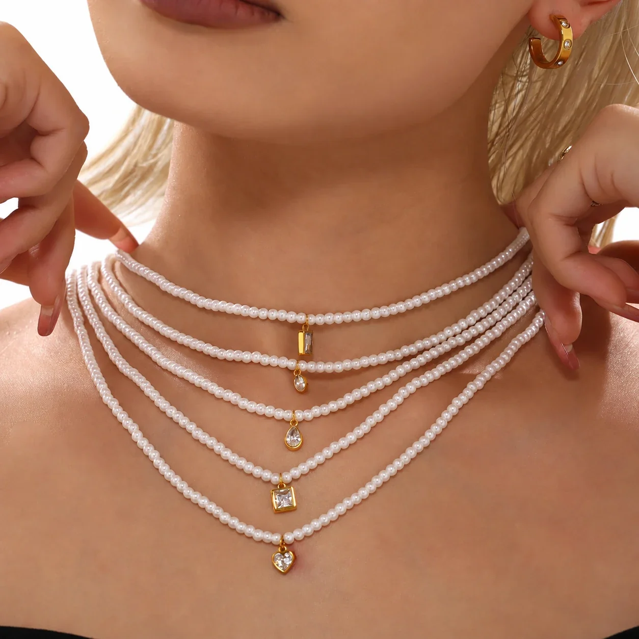 Shell Pearl Necklace with Geometric CZ Pendants, Stainless Steel
