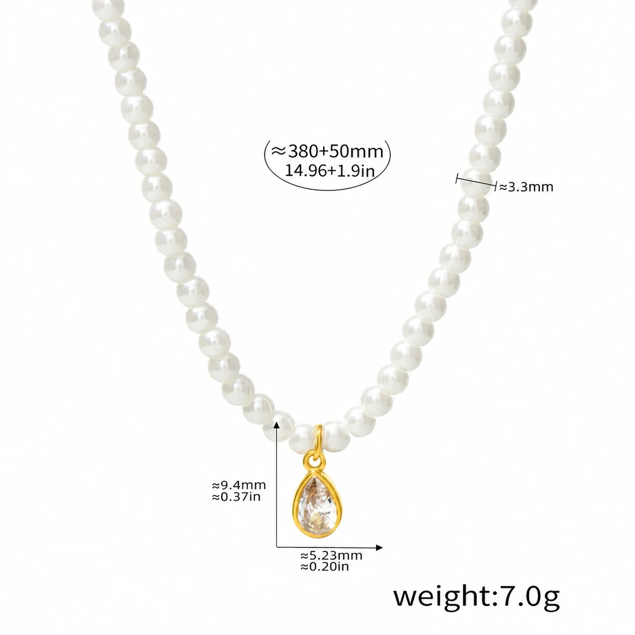 Shell Pearl Necklace with Geometric CZ Pendants, Stainless Steel - Gold Teardrop Shell Pearl
