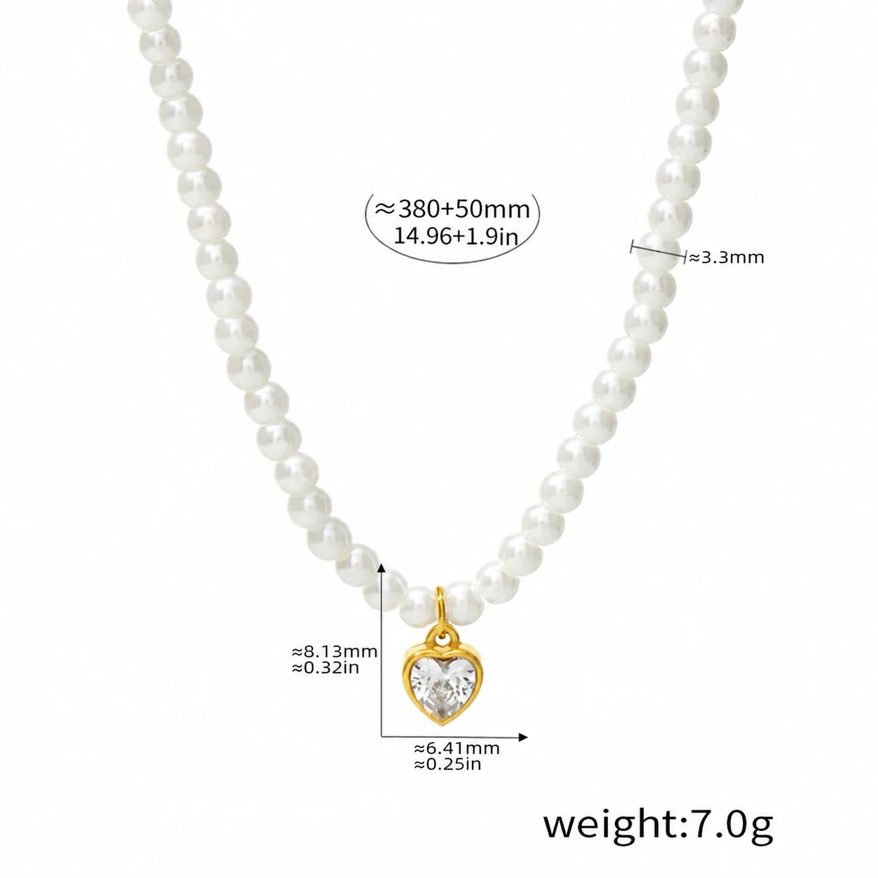 Shell Pearl Necklace with Geometric CZ Pendants, Stainless Steel - Gold Heart Shell Pearl