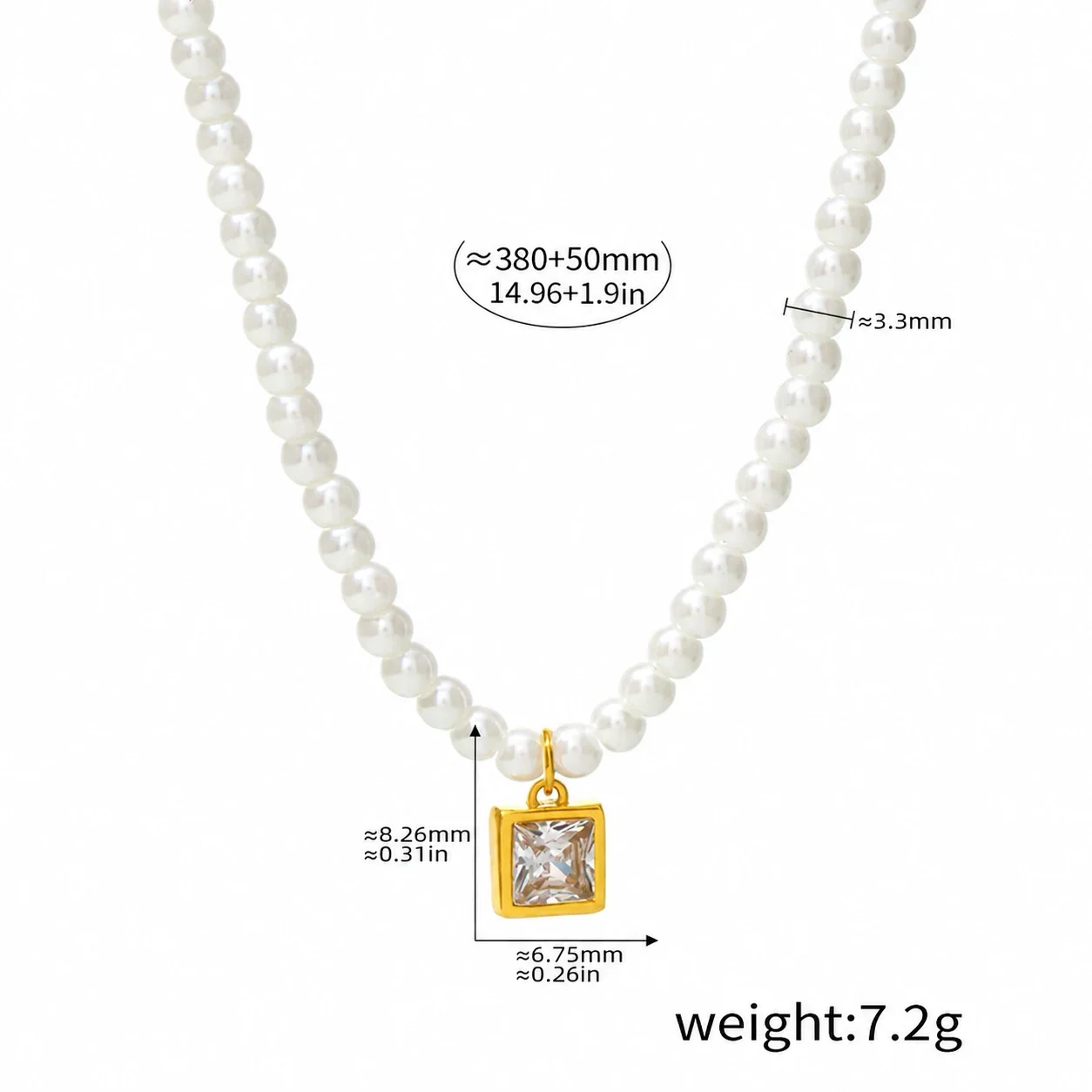 Shell Pearl Necklace with Geometric CZ Pendants, Stainless Steel - Gold Long Bar Shell Pearl